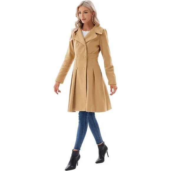 ✨Women's Brown Fashion Trench Coat Notch Lapel Double Breasted Pea Coats Jacket